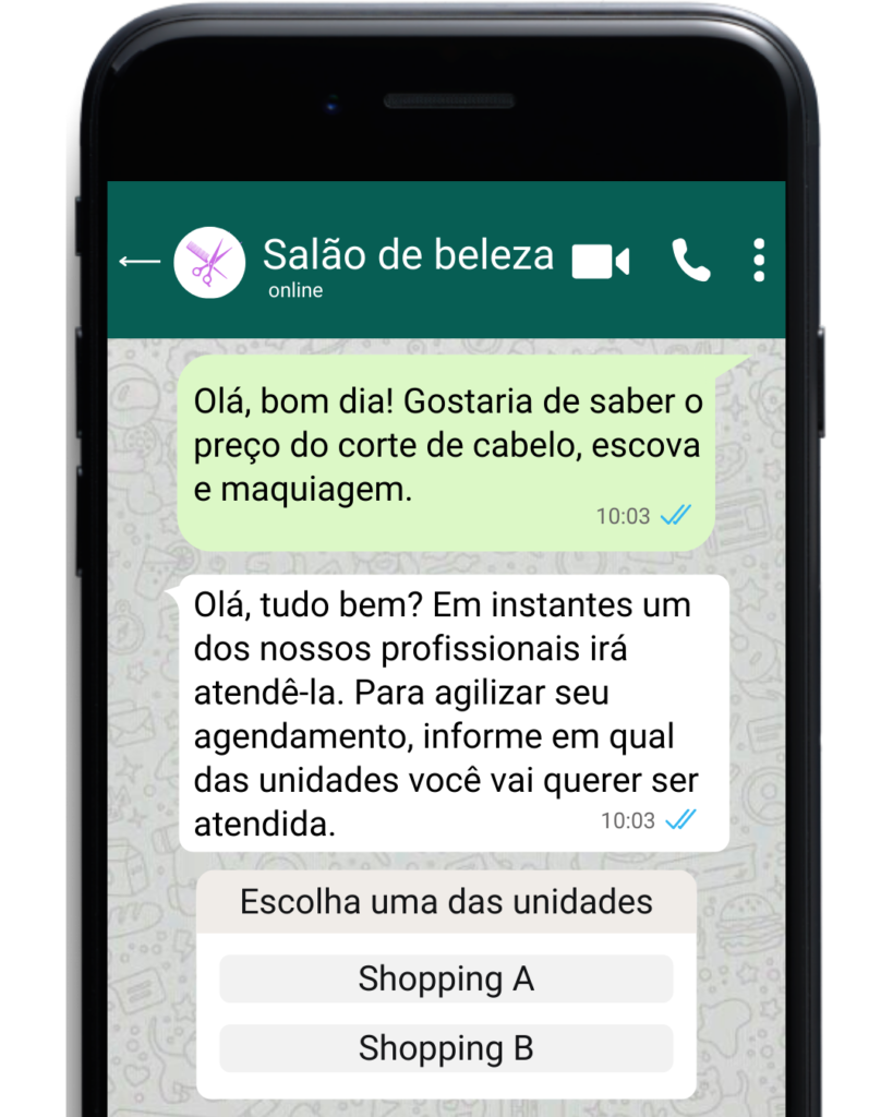 Tela do celular mostrando o exemplo de um atendimento por whatsapp.
