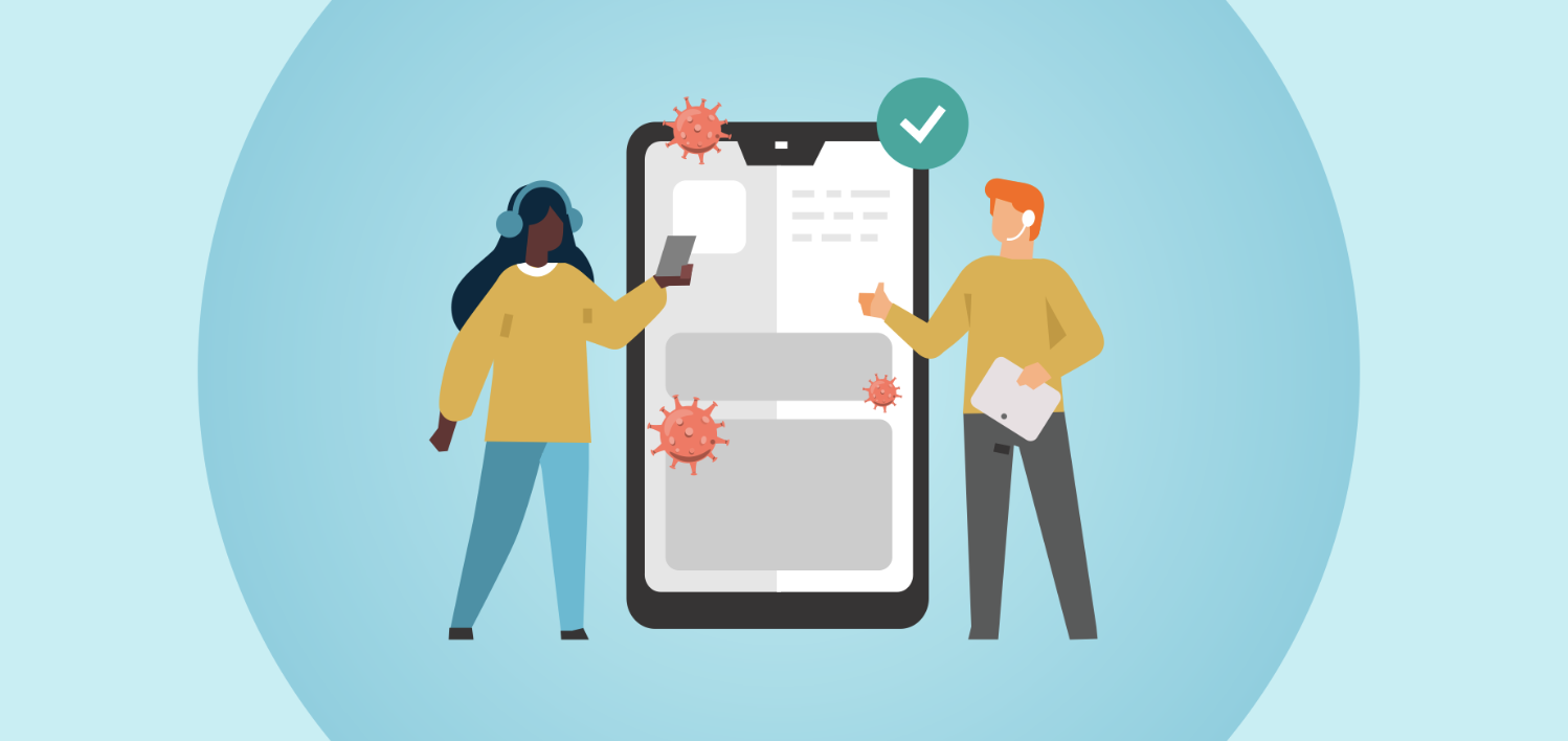 Ilustração de duas pessoas se comunicando por telefone e tendo uma experiência do cliente após COVID-19